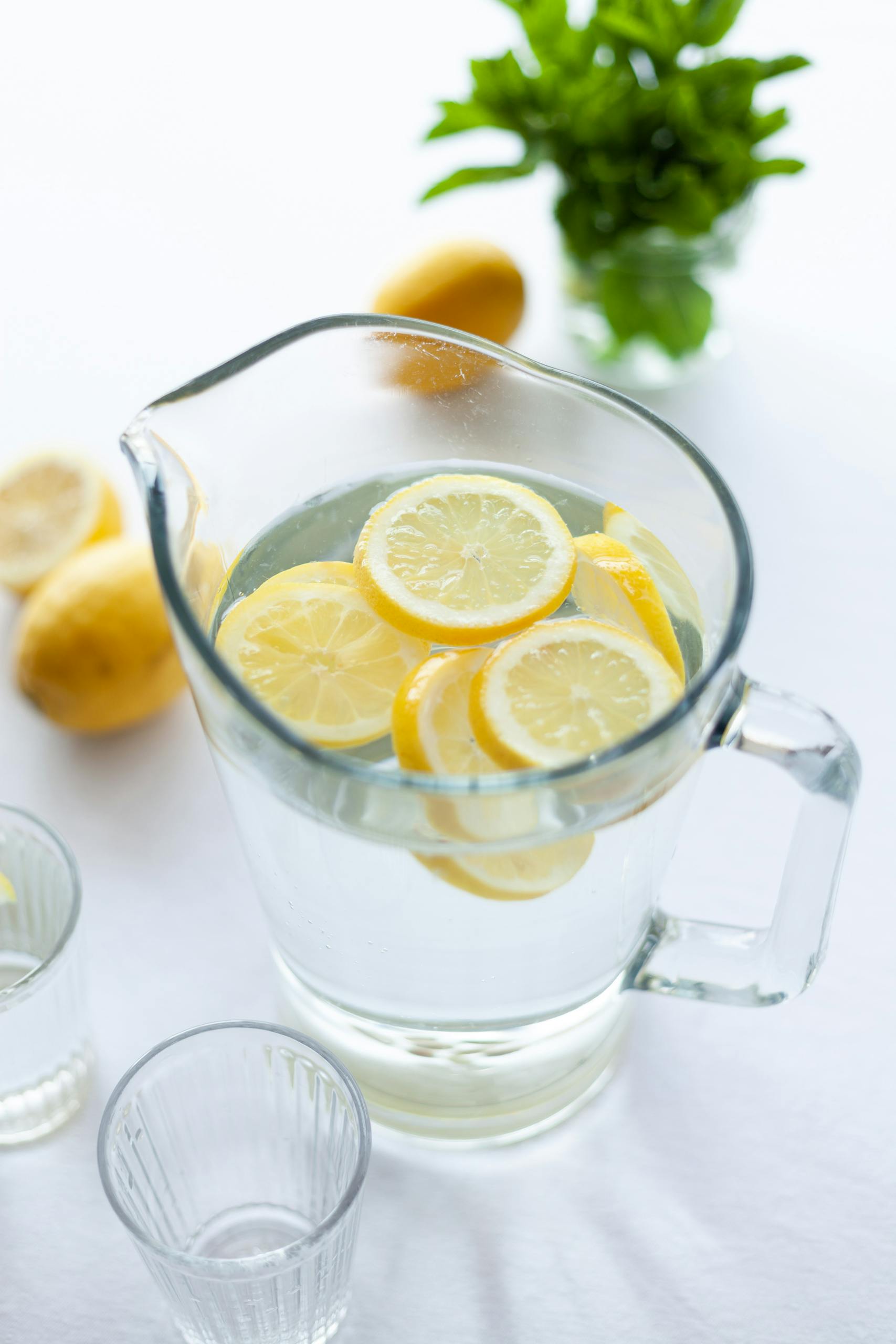 immune-boosting foods: A glass pitcher filled with fresh lemon water, surrounded by lemons and mint, on a bright table.