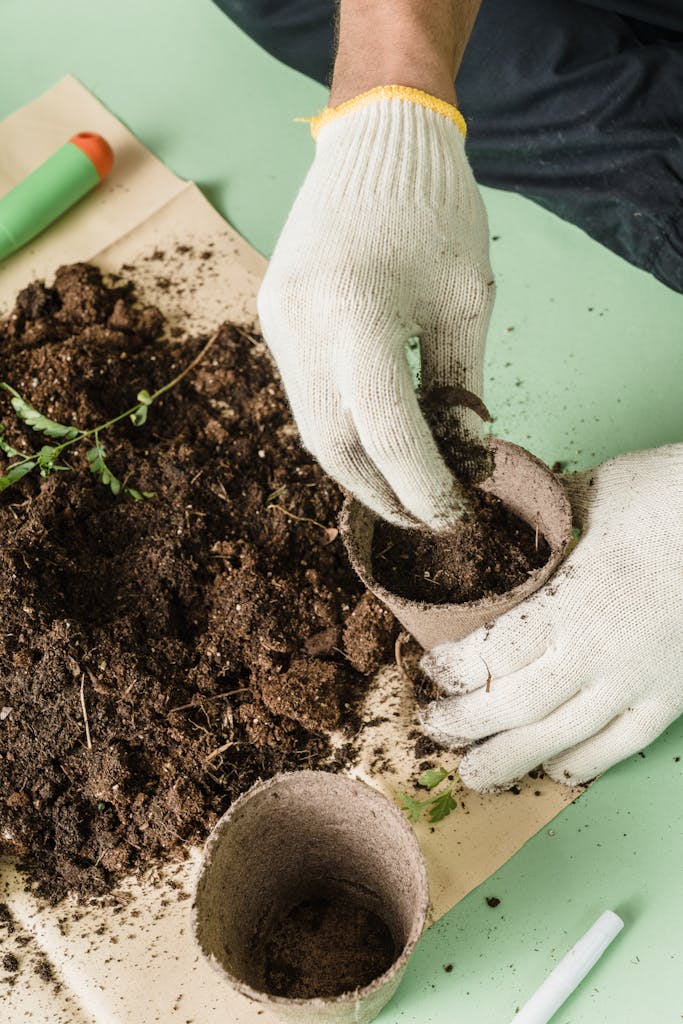 Close-up of hands planting seedlings in soil inside, showcasing the joy of gardening.