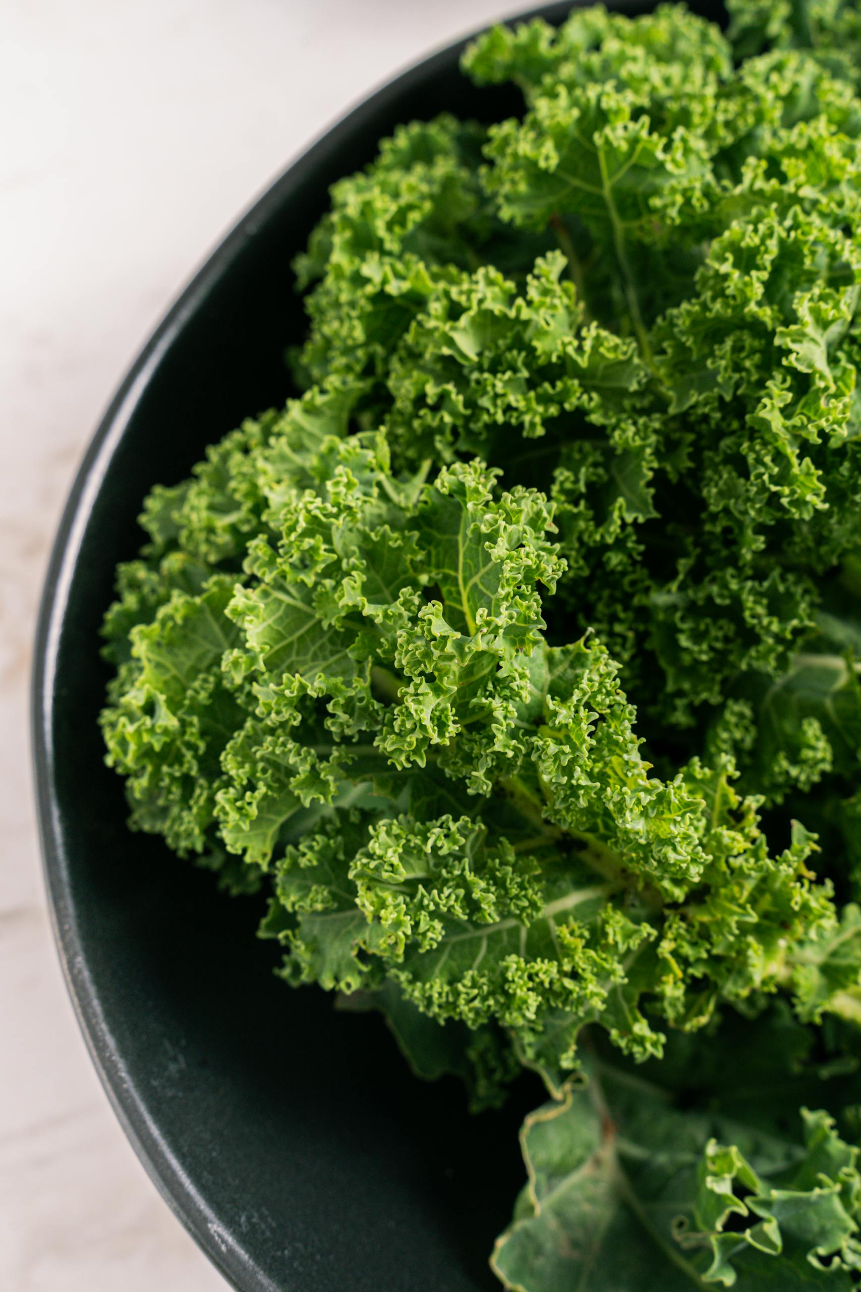 spinach vs kale nutrition: Close-up of curly kale leaves in a black ceramic bowl on marble surface. Ideal for healthy eating concepts.