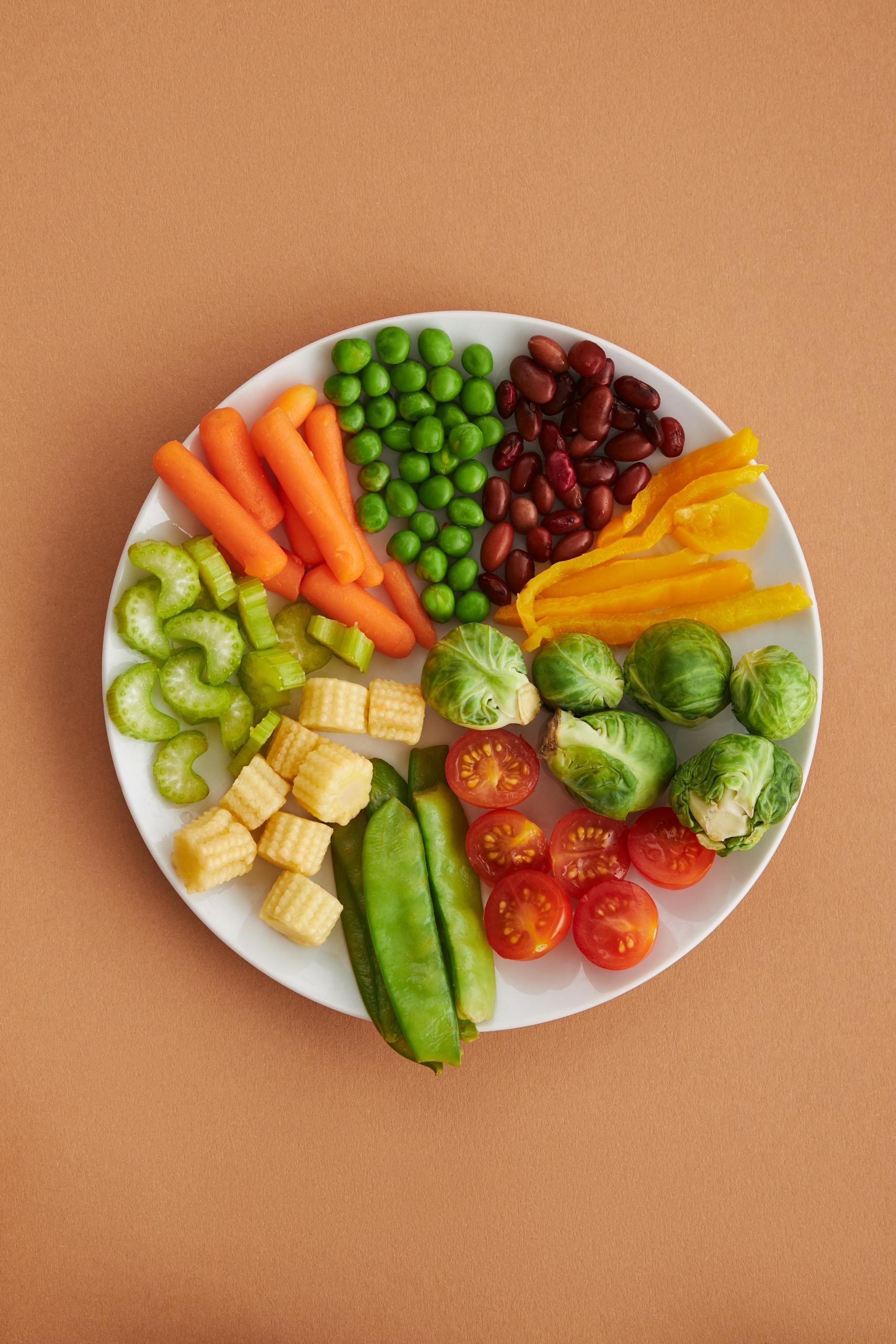 fad diets to avoid: Plate full of various fresh vegetables neatly arranged for healthy eating concept.