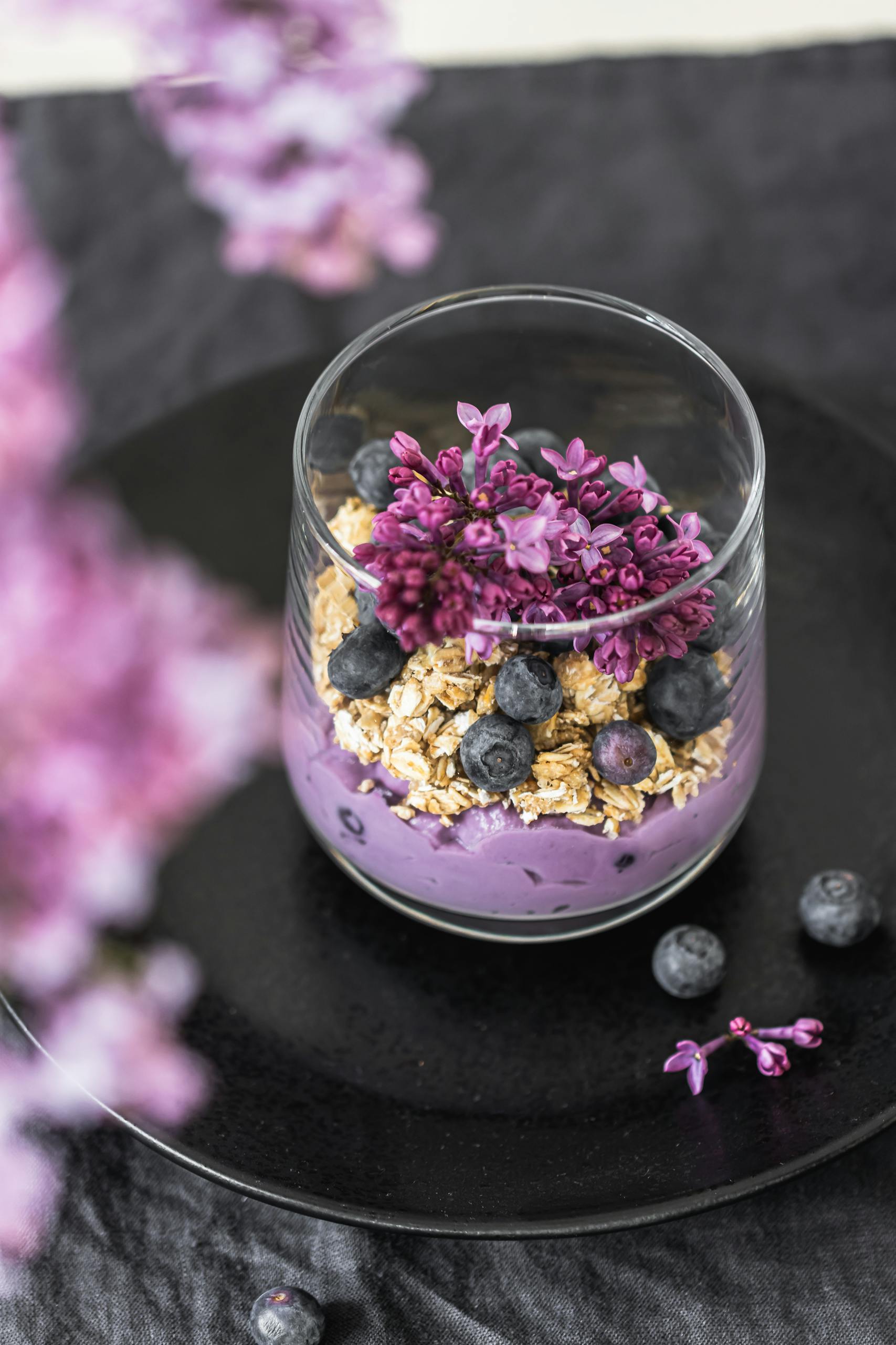 probiotic foods vs. supplements: Elegant blueberry parfait with granola and lilacs on a black plate.