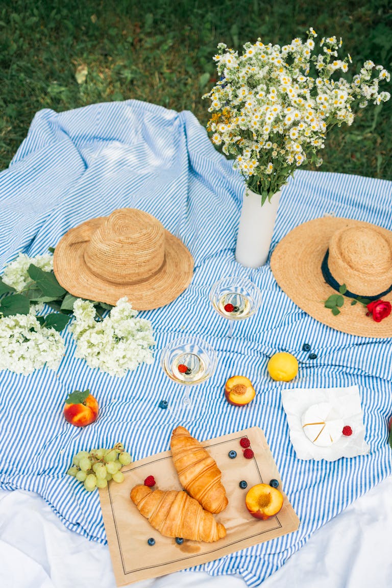staying healthy while traveling: A beautiful summer picnic setup with croissants, fruits, wine, and straw hats on a blanket.