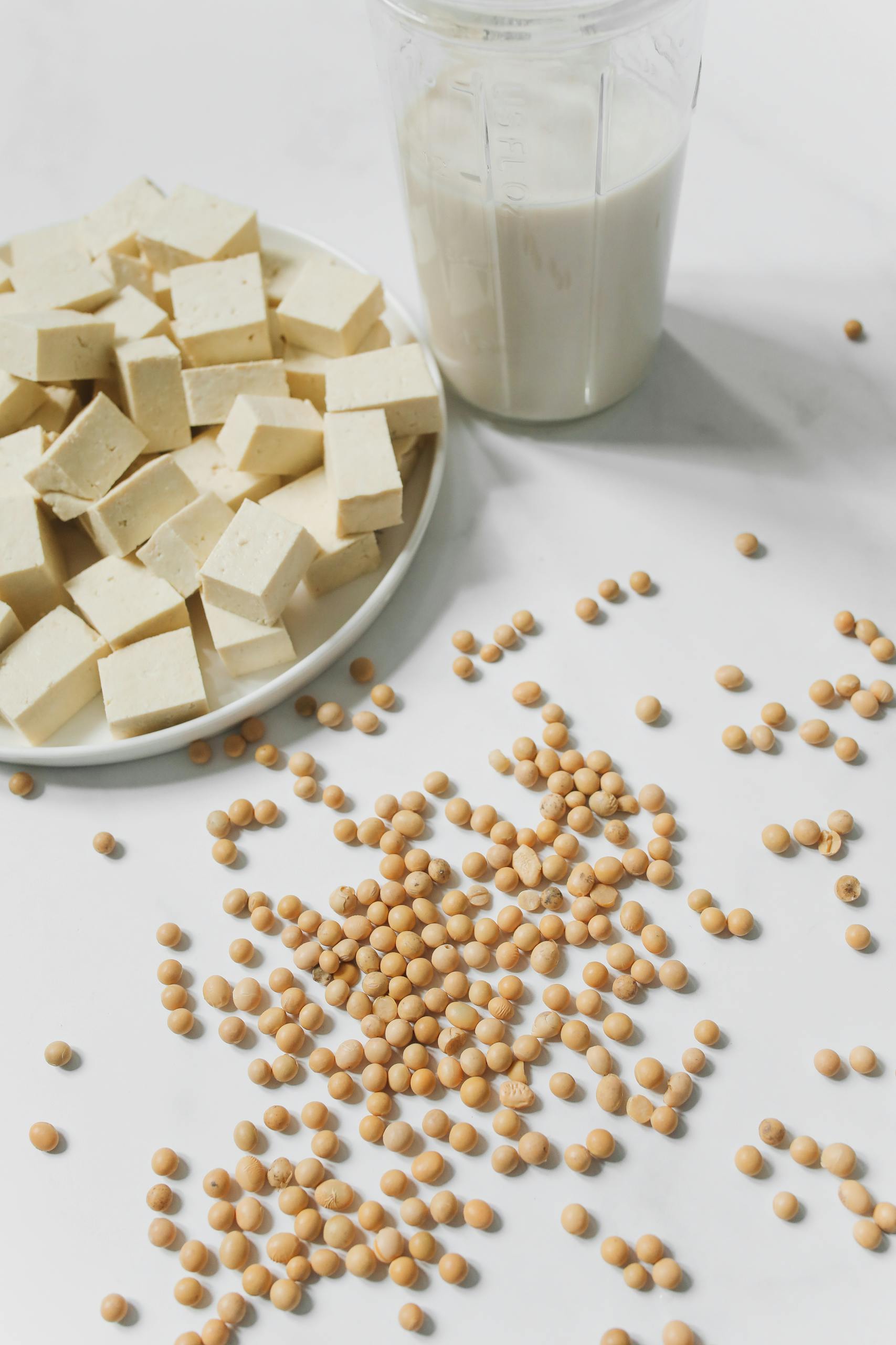 simple ways to increase calcium intake: A healthy spread of tofu cubes, soybeans, and soy milk against a clean white background.