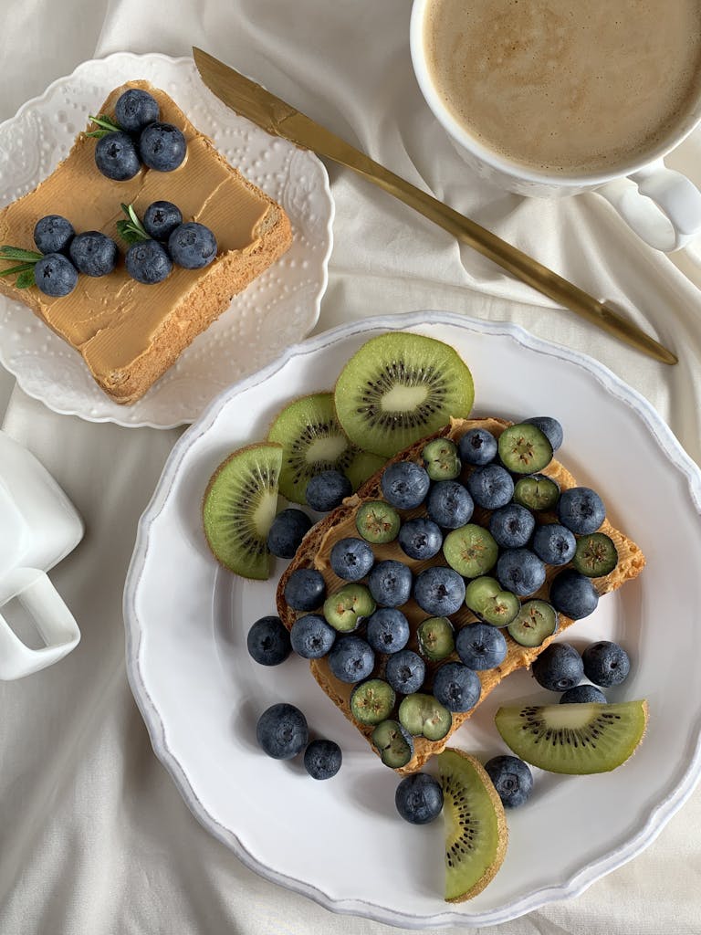high-protein breakfast options at Target: Appetizing toast topped with blueberries and kiwi, perfect for a healthy breakfast.
