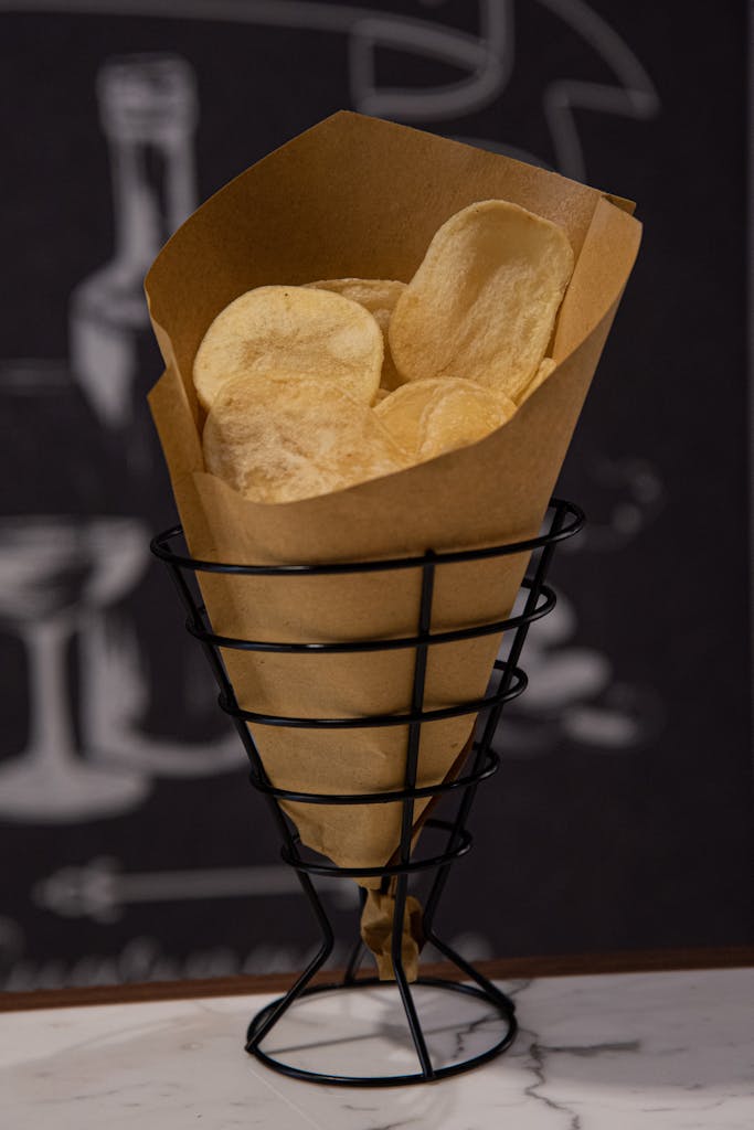 Are Ultra-Processed Foods Always Unhealthy: Golden potato chips in a wire basket with paper wrap, perfect for snack time.