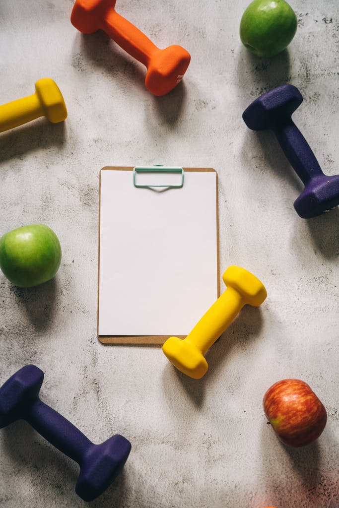why fad diets cause weight regain: Vibrant dumbbells and fruits surround a clipboard on a textured surface, ideal for fitness themes.