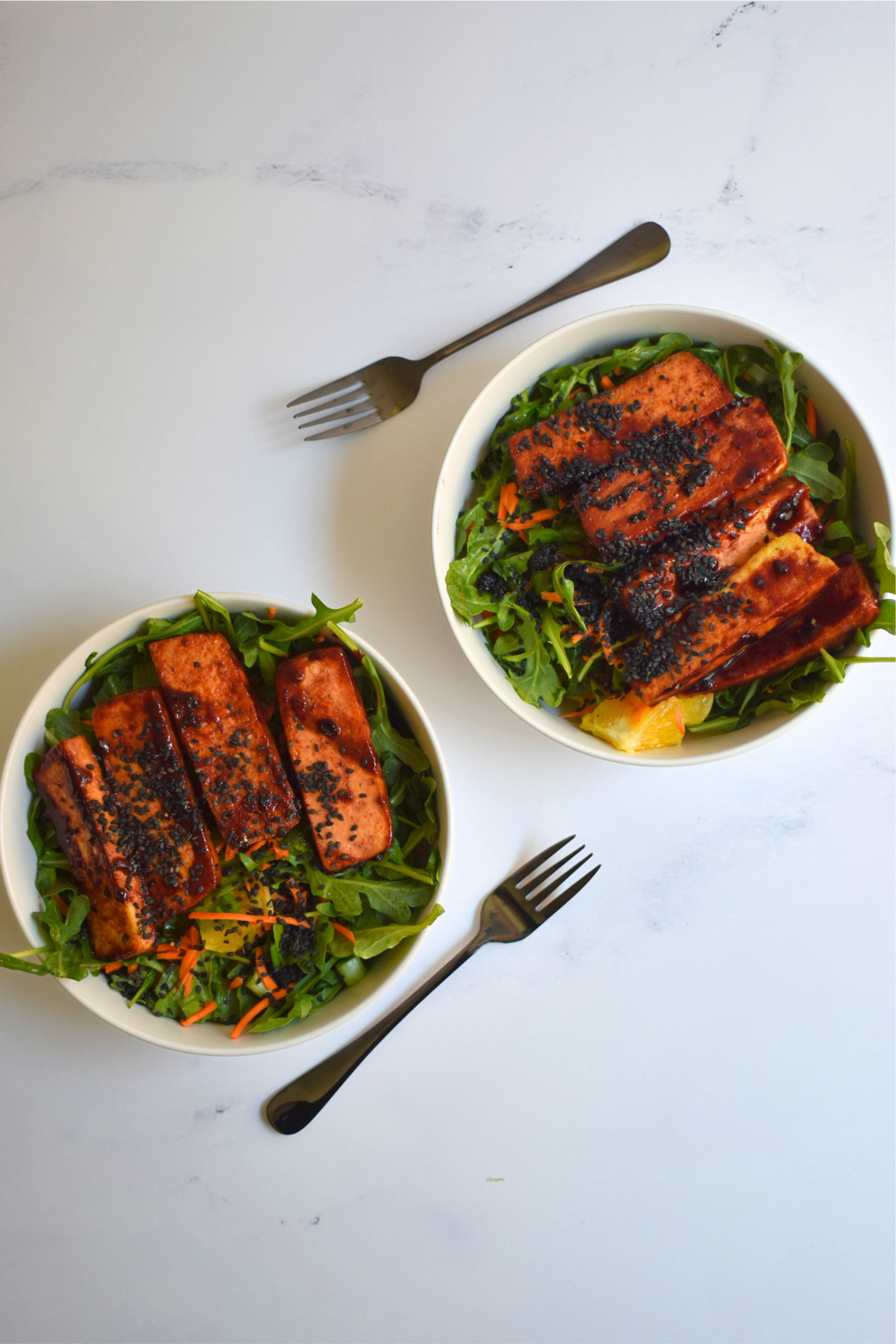 Sweet and Sticky Tofu Rice Bowls With Arugula-Orange Salad
