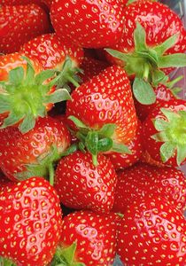 Strawberry Nutrition Facts and Benefits: A close-up of vibrant, fresh red strawberries with green leaves, perfect for food-related content.