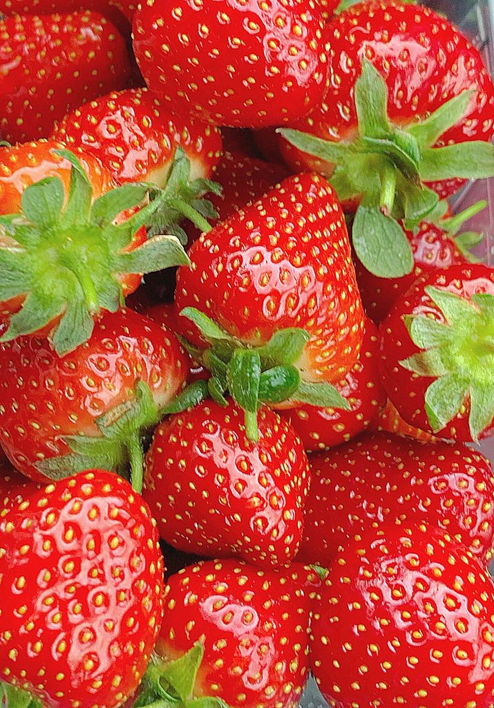 Strawberry Nutrition Facts and Benefits: A close-up of vibrant, fresh red strawberries with green leaves, perfect for food-related content.