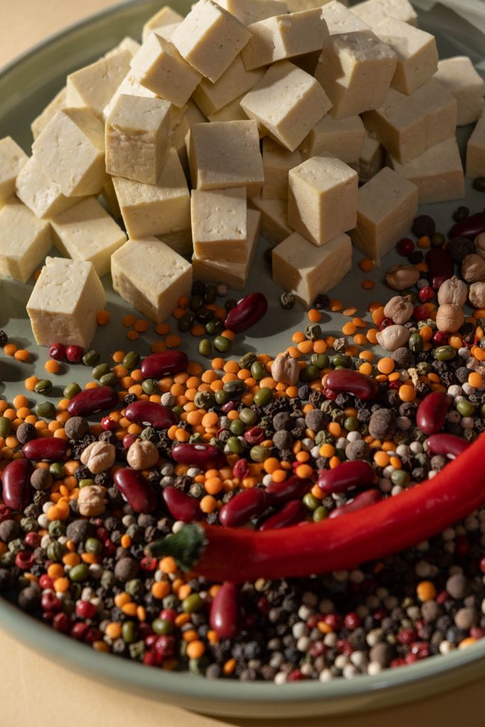 plant-based protein: Close-up of tofu cubes, chili pepper, and colorful beans on a plate.