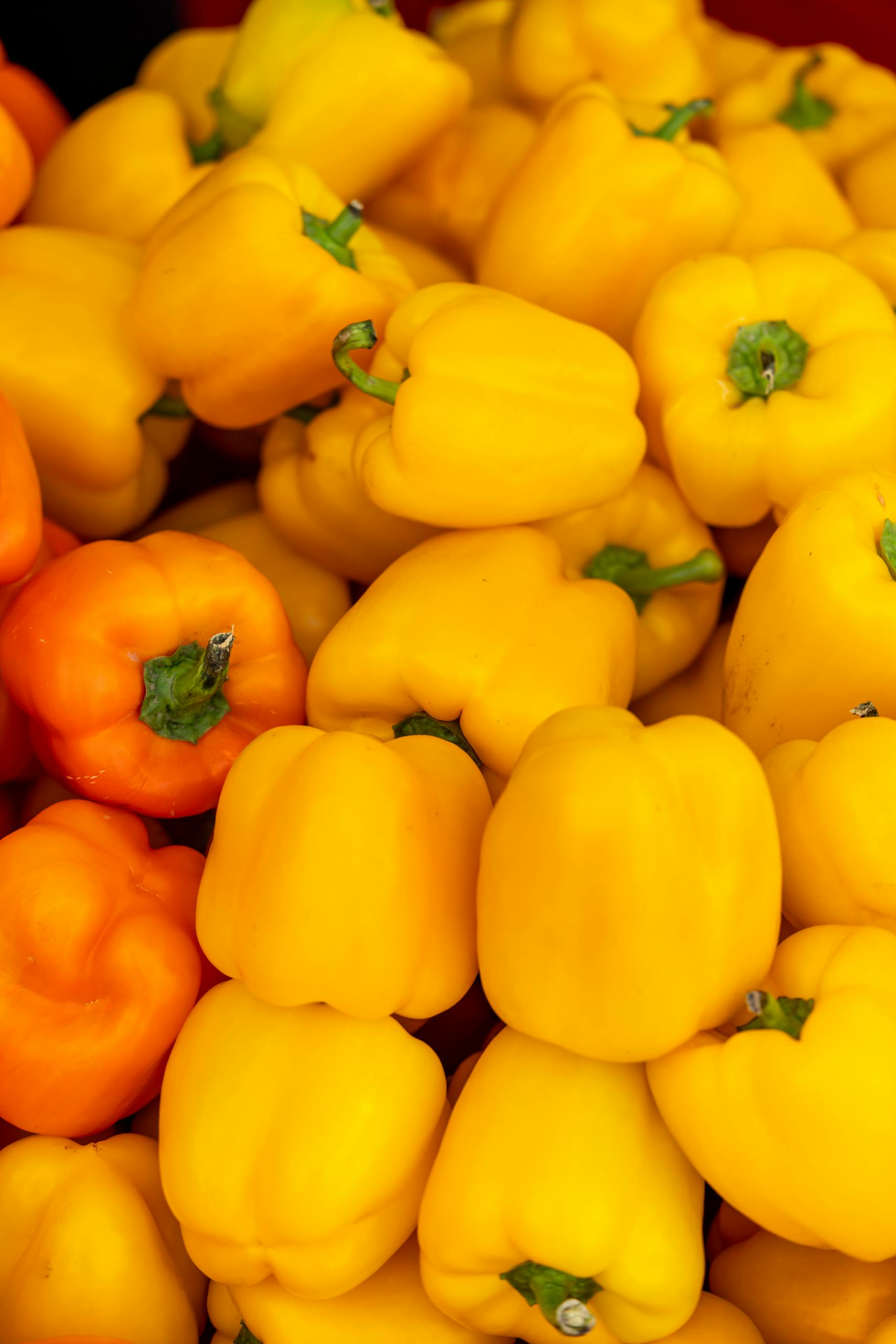 Vitamin C for immunity and colds: Fresh yellow and orange bell peppers stacked together, showcasing vibrant colors.