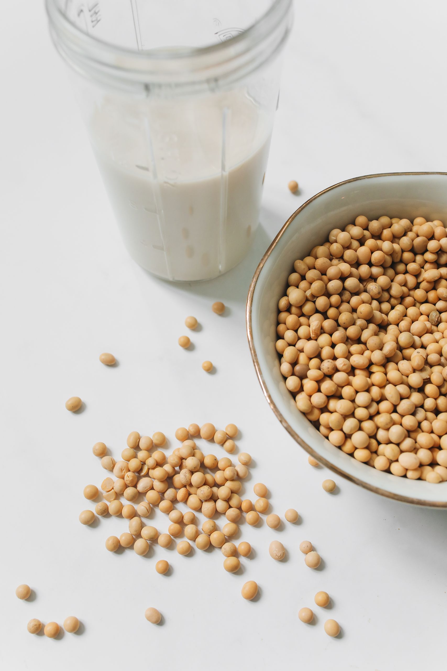 is soy bad for you? Soybeans in a bowl with a glass of soy milk on a white background.