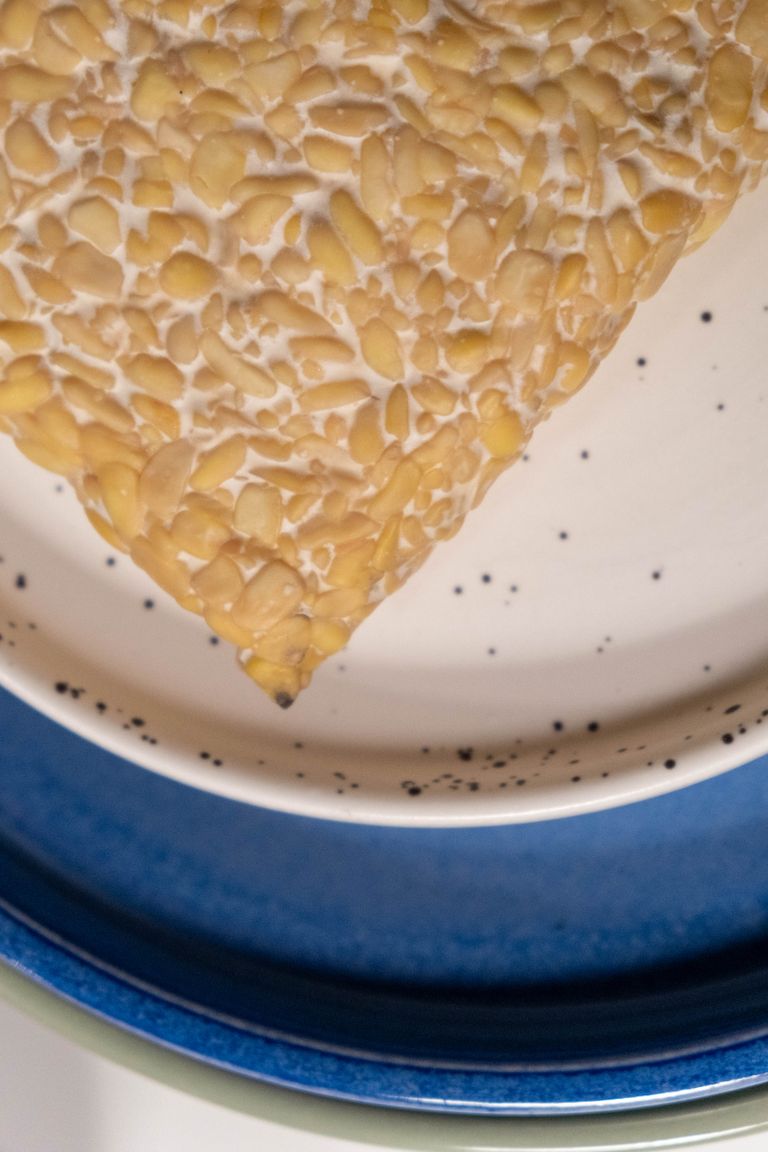 tempeh benefits: Top view of traditional traditional Javanese tempeh placed in ceramic bowl on table in kitchen