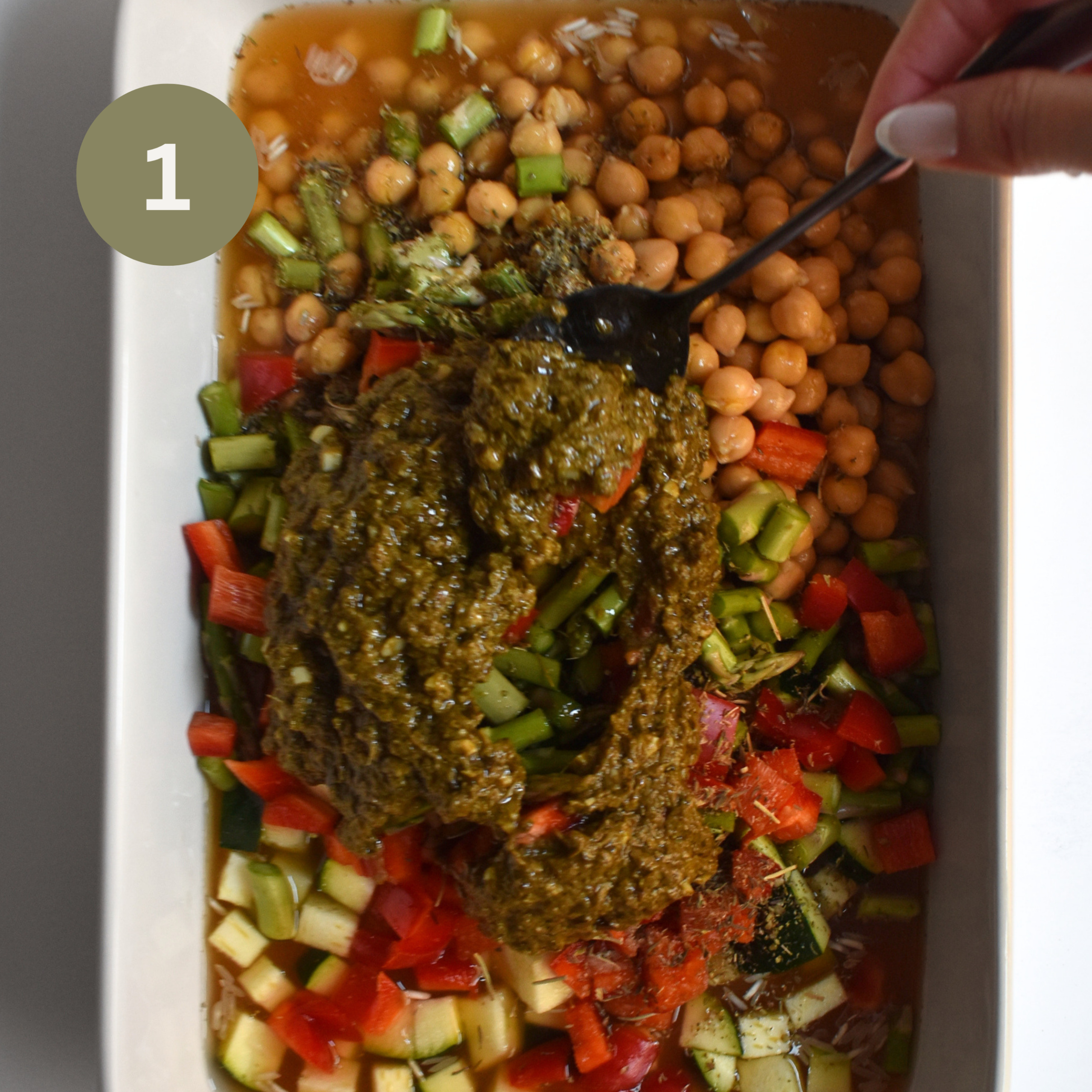 One-Pan Pesto Chickpea Rice Bake